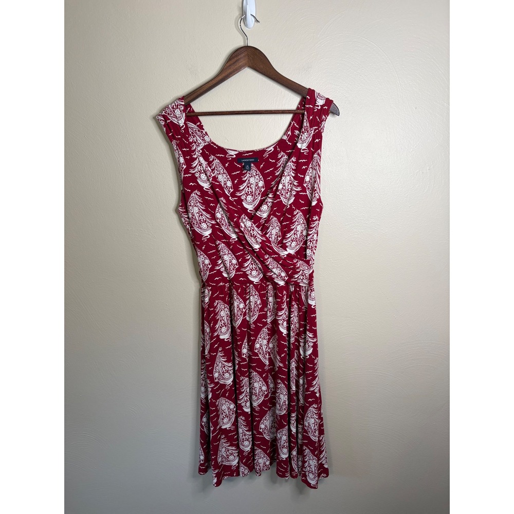 Lands End Womens Fit and Flare Dress Red Sailboat Nautical Surplice Medium 10-12